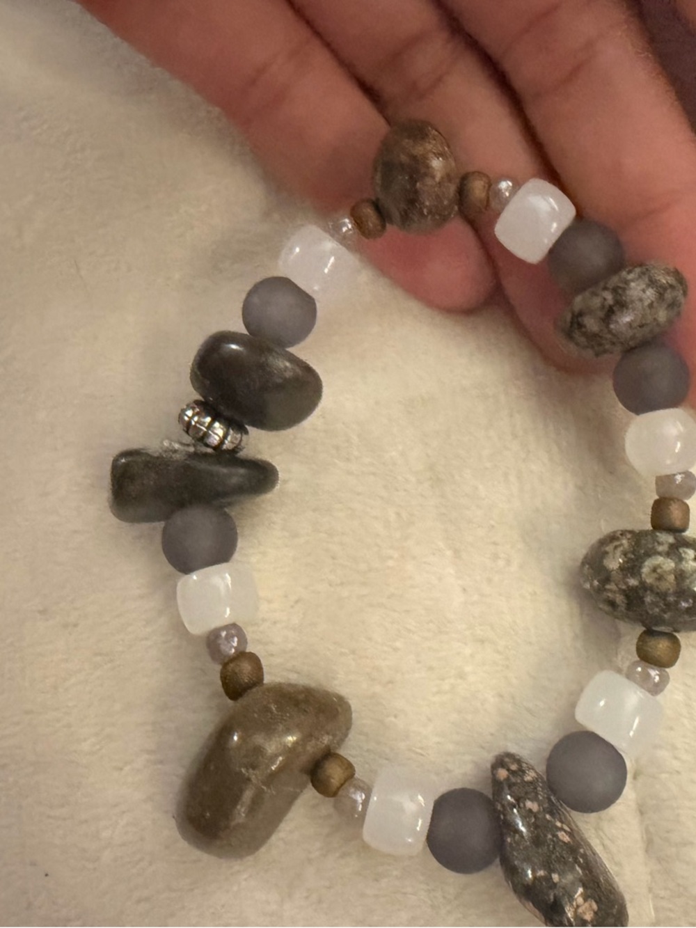 Handmade Natural Stone & Glass Bead Bracelet - Neutral Gray